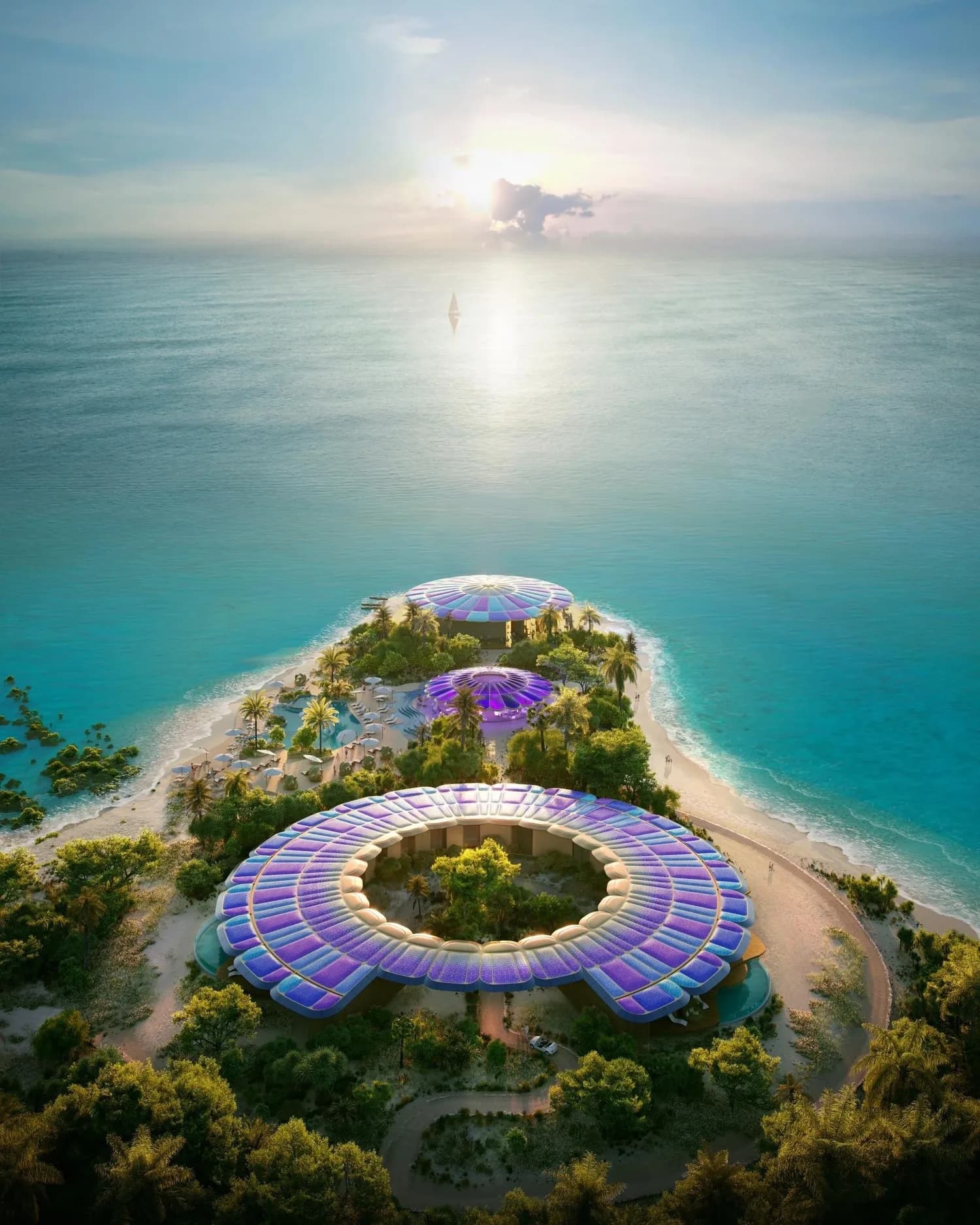 Iridescent coral-form pavilions catching the last light over the Red Sea.